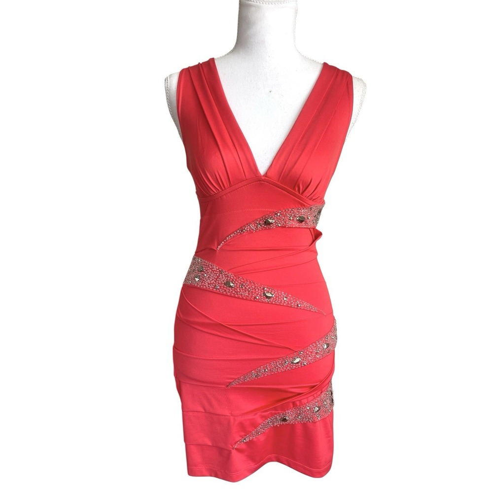 Y2k Personal Privilege Red‎ Coral Beaded Going Out Dress Bodycon Party Club Sz S